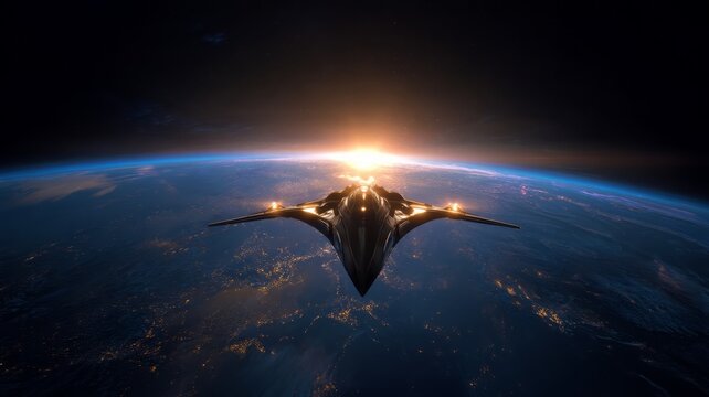 Spaceship orbiting earth at sunrise. AI image