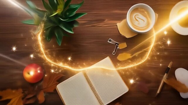 Cozy Autumn Workspace with Coffee, Notebook, and Fall Decor on Wooden Table.