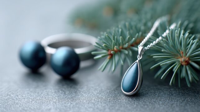 Luxury jewelry with blue pine branch for elegant holiday background.