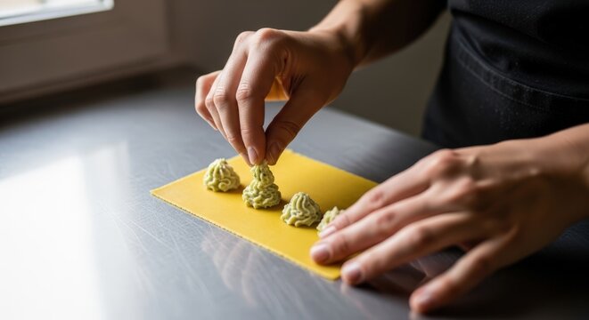 Person carefully placing green filling on a fresh yellow pasta sheet on a metal counter, preparing homemade ravioli or lasagna