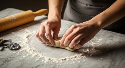 Fototapeta premium Person hands shaping raw dough on a white marble kitchen counter with scattered flour and baking tools
