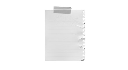 Torn lined notebook paper with tape on transparent background
