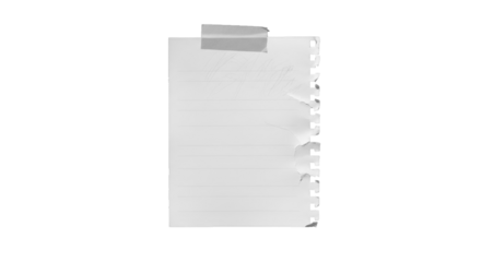 Torn lined notebook paper with tape on transparent background

