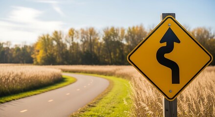 A winding road sign stands tall amidst a golden field, hinting at the curves ahead on a sunny autumn day