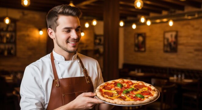 Smiling young man in chef uniform proudly presents a delicious hot pizza with toppings in a cozy restaurant