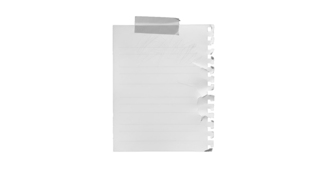 Torn lined notebook paper with tape on transparent background
