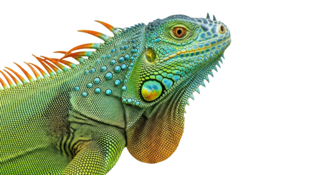 Close-up portrait of a colorful green iguana isolated PNG with Transparent Background
