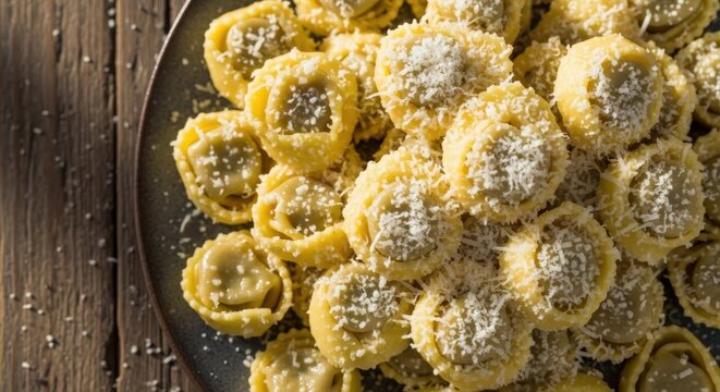 Fresh tortellini pasta with grated cheese on dark plate. Appetizing Italian food on rustic wooden table, bright day