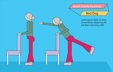 Elderly people exercise by holding onto a chair, raising their right arm and kicking their left leg back, holding for ten seconds. bird dog