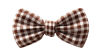 Gingham pattern brown and white bow tie on a transparent background, depicting elegance, tradition, and formal wear fashion with a classic checkered design, png