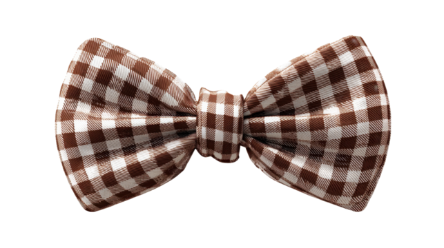 Gingham pattern brown and white bow tie on a transparent background, depicting elegance, tradition, and formal wear fashion with a classic checkered design, png