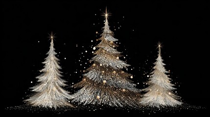 Sparkling golden christmas trees composed of shiny glitter particles and festive light decorations, creating an elegant holiday celebration background