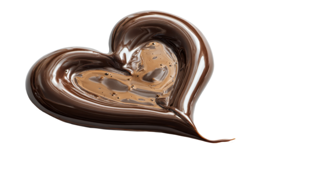 Chocolate heart shape forming from flowing dark melted sauce creating a sweet dessert symbol of love and romance, isolated on transparent background, png