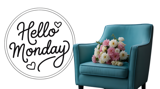 Elegant turquoise armchair with bouquet and message Hello Monday background - Powered by Adobe