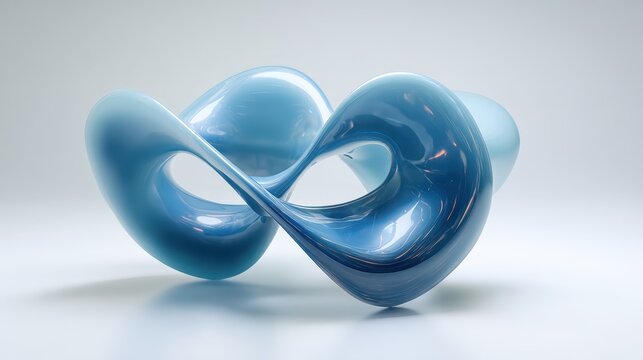 Abstract blue liquid sculpture forming an infinity loop symbol, glossy glass shape representing continuous movement, modern minimalist design with fluid 3d render art