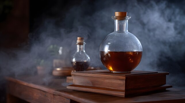 Mysterious glass flasks with amber liquid and dark potions shrouded in atmospheric fog on a wooden surface