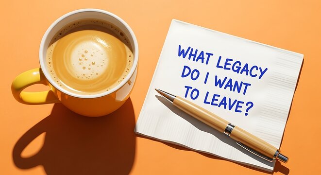 A thoughtful pause with a warm coffee and a napkin prompting the profound question what legacy do i want to leave