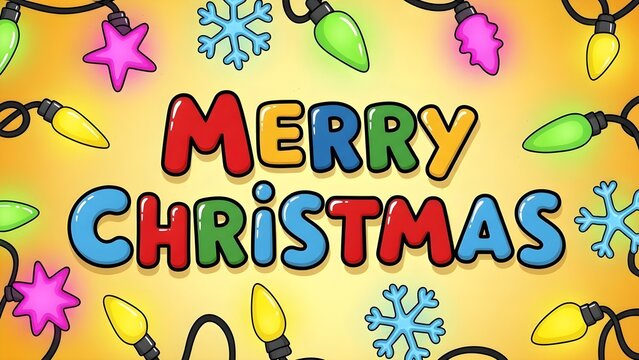 Colorful cartoon "Merry Christmas" text with festive lights and snowflakes, cheerful holiday greeting design.