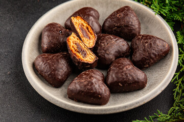 Gingerbread chocolate heart shaped honey cakes Christmas sweet dessert new year natural product tasty snack fresh delicious gourmet food background on the table rustic top view copy space