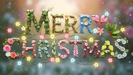 Festive floral "Merry Christmas" typography with delicate blossoms, bokeh, and a joyful holiday spirit.