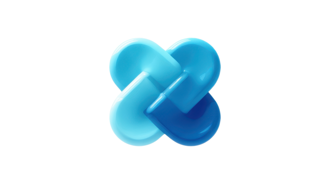 Abstract 3d blue fluid shape intertwining creating a complex connection symbol, representing data flow, digital network, and technological integration on transparent background, png