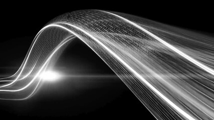 Abstract monochrome image of binary code flowing through light trails on a dark background, representing data transmission and technology - Powered by Adobe