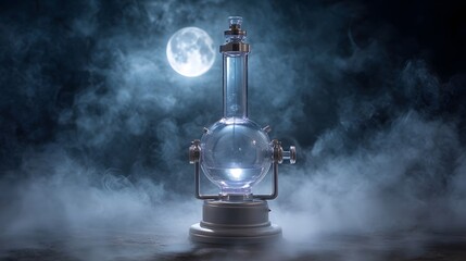 Mysterious laboratory apparatus glowing under the full moon surrounded by swirling mist