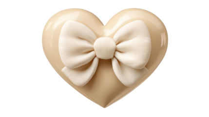 Beige glossy heart with a cream ribbed fabric bow, elegant valentine's motif evoking love, tenderness and luxury, isolated on transparent background for design use, png