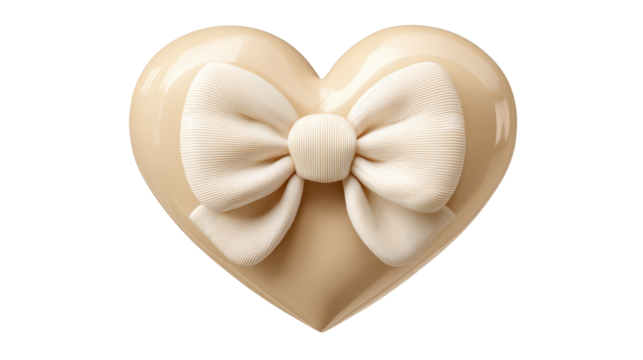 Beige glossy heart with a cream ribbed fabric bow, elegant valentine's motif evoking love, tenderness and luxury, isolated on transparent background for design use, png