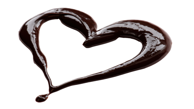 Chocolate syrup forming a heart shape, representing love, valentine's day, and sweet romance, with dark liquid dessert against a transparent background, png