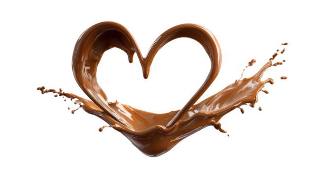 Flowing chocolate liquid creating a heart shape with dynamic splash and drops, symbolizing sweet love, passion, and delicious indulgence, isolated on transparent background, png - Powered by Adobe