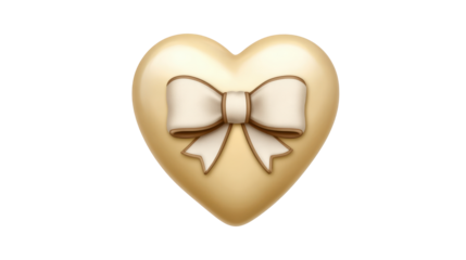 Gold 3d heart with a delicate cream bow, glossy and elegant, symbolizing love, romance, gift or celebration, isolated cutout on transparent background for design use, png
