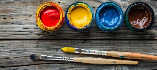 Vibrant visual composition of colorful paints and brushes on a wooden table for artistic creativity
