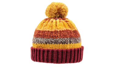 Cozy striped knit beanie with a fluffy pompom perfect for cold weather adventures