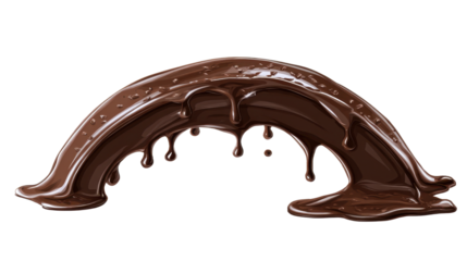 Dripping melted chocolate flowing in an arch motion. Forming a delicious brown liquid splash with a gloss and smooth texture. Isolated on a transparent background, png