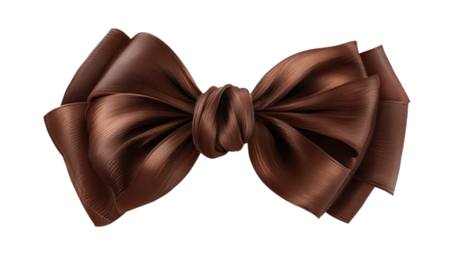 Brown satin gift bow with intricate folds and soft sheen tied into a decorative knot, elegant and festive packaging accent for presents, isolated on transparent background, png