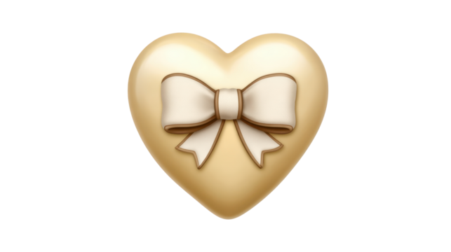 Gold 3d heart with a delicate cream bow, glossy and elegant, symbolizing love, romance, gift or celebration, isolated cutout on transparent background for design use, png