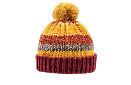 Cozy striped knit beanie with a fluffy pompom perfect for cold weather adventures