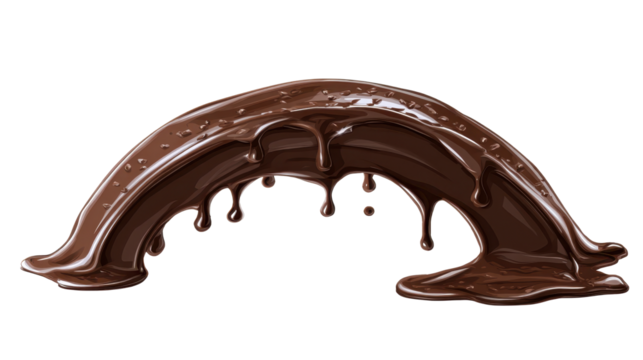 Dripping melted chocolate flowing in an arch motion. Forming a delicious brown liquid splash with a gloss and smooth texture. Isolated on a transparent background, png