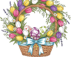 Woven basket overflows with vibrant tulips and decorative Easter eggs, adorned with a blue bow and cross.