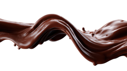 Flowing liquid chocolate wave with splashes and drops creating a dynamic swirl, representing sweetness, indulgence, and delicious dessert concepts on transparent background, png