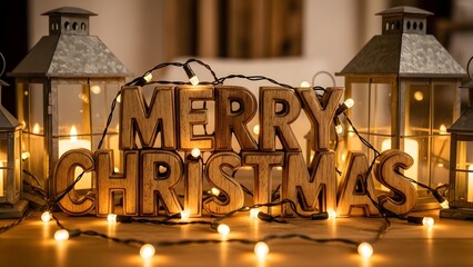 Cozy Christmas scene with wooden "Merry Christmas" letters, lanterns, and warm fairy lights.