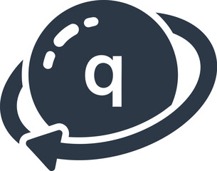 Abstract circular arrow graphic with a dark sphere and letter q