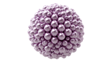 Abstract cluster of iridescent purple pink pearl spheres forming a complex organic shape, representing innovation, connection, and growth on a transparent background, png