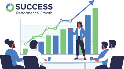Diverse team collaborates as a leader presents a successful growth chart in a modern office.