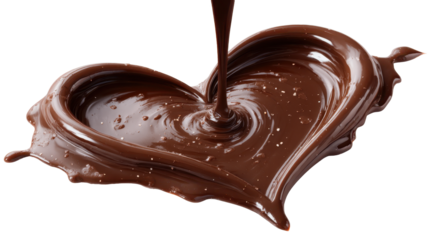 Melted dark chocolate pouring into a heart shape, forming a glossy syrupy stream on transparent background  romantic, indulgent dessert imagery for love and celebration, png