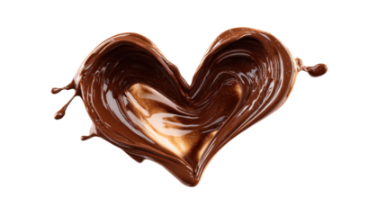 Melted chocolate splashing and forming a sweet heart shape, symbolizing love, passion, and delicious indulgence, with a rich brown texture on transparent background, png