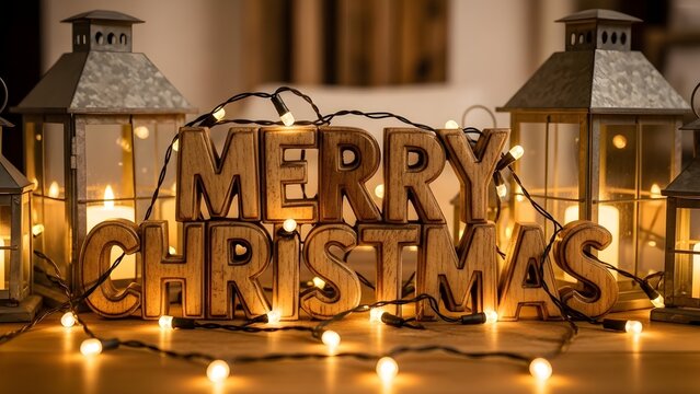 Cozy Christmas scene with wooden "Merry Christmas" letters, lanterns, and warm fairy lights.