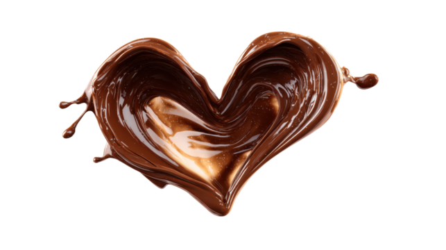 Melted chocolate splashing and forming a sweet heart shape, symbolizing love, passion, and delicious indulgence, with a rich brown texture on transparent background, png