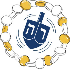 Spinning dreidel surrounded by chocolate coins, a symbol of Hanukkah celebration